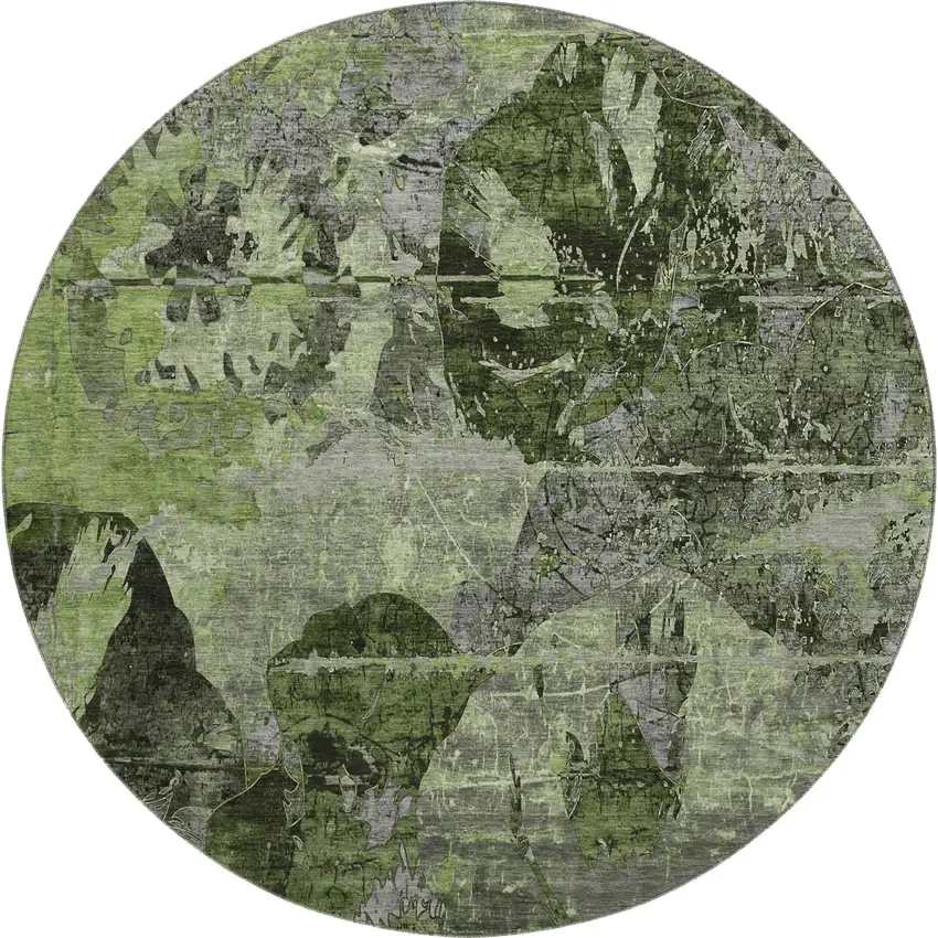 8' Green And Gray Abstract Washable Round Rug With UV Protection Photo 1
