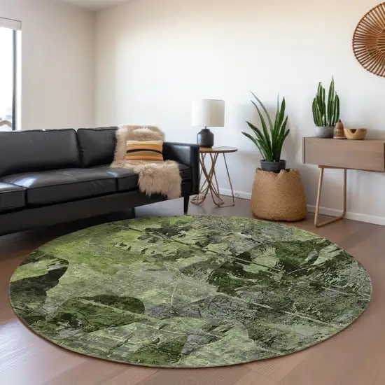 8' Green And Gray Abstract Washable Round Rug With UV Protection Photo 5