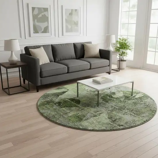 8' Green And Gray Abstract Washable Round Rug With UV Protection Photo 2