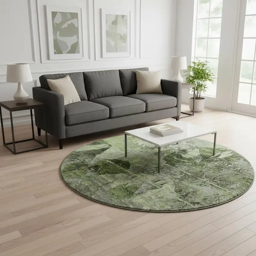 8' Green And Gray Abstract Washable Round Rug With UV Protection Photo 2