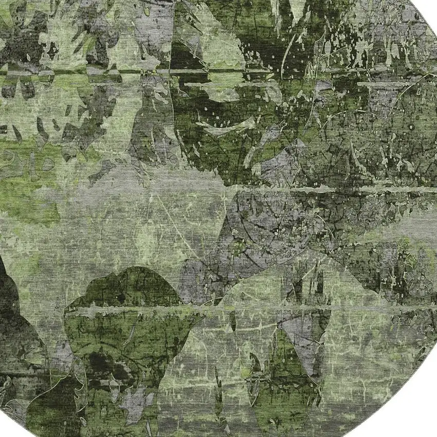 8' Green And Gray Abstract Washable Round Rug With UV Protection Photo 3