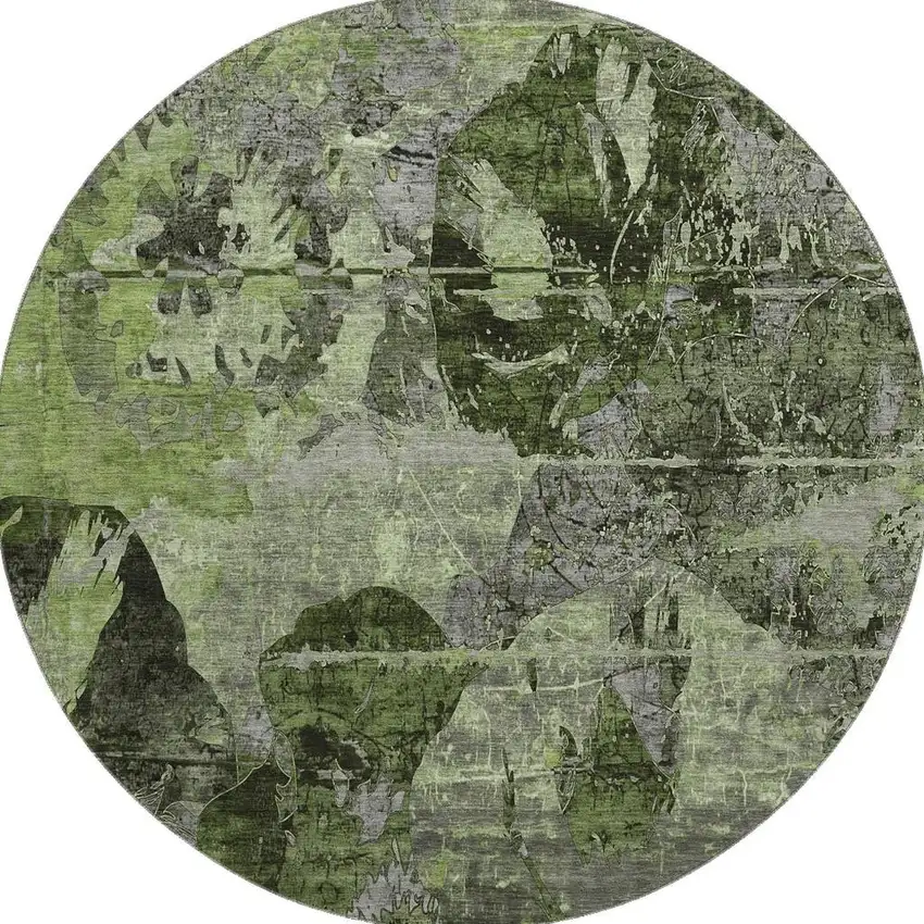 8' Green And Gray Abstract Washable Round Rug With UV Protection Photo 4