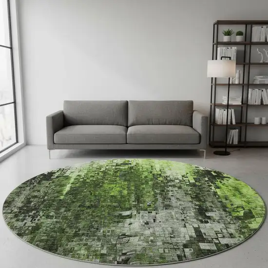 8' Green And Gray Abstract Washable Round Rug With UV Protection Photo 2
