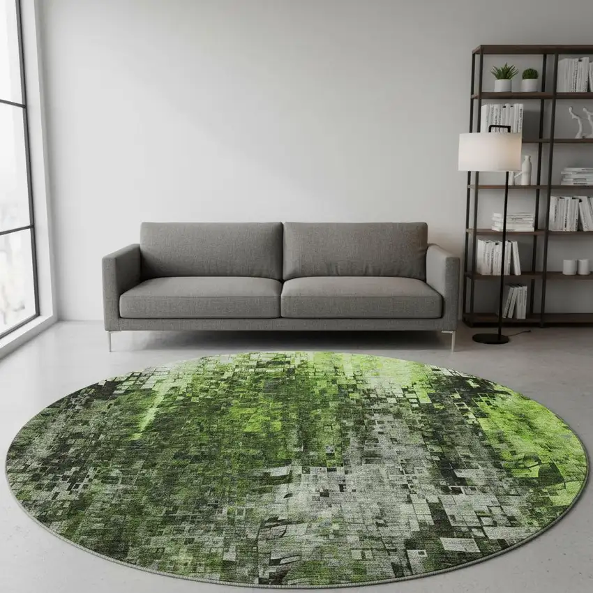 8' Green And Gray Abstract Washable Round Rug With UV Protection Photo 2