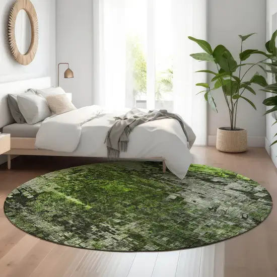 8' Green And Gray Abstract Washable Round Rug With UV Protection Photo 5