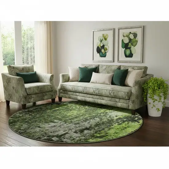 8' Green And Gray Abstract Washable Round Rug With UV Protection Photo 1