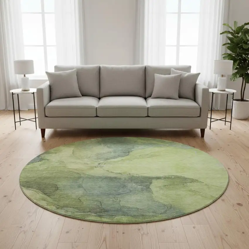 8' Green And Gray Abstract Washable Round Rug With UV Protection Photo 2