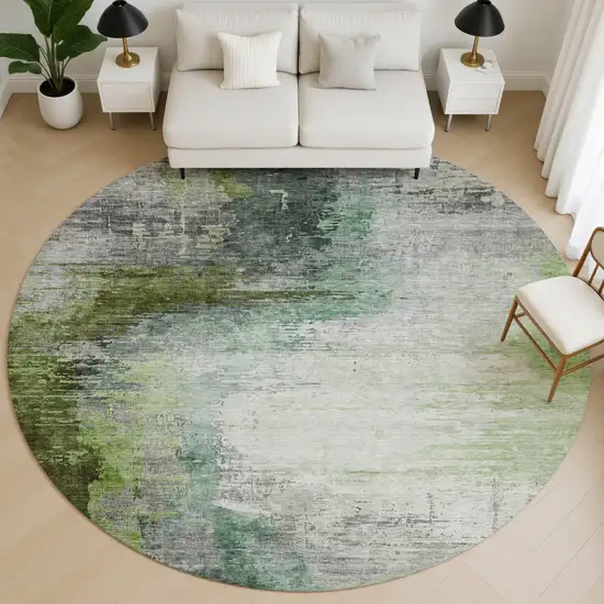 8' Green And Gray Abstract Washable Round Rug With UV Protection Photo 5