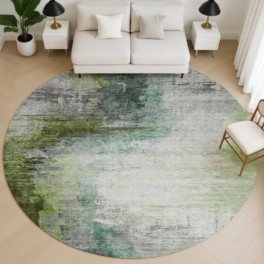 8' Green And Gray Abstract Washable Round Rug With UV Protection Photo 5