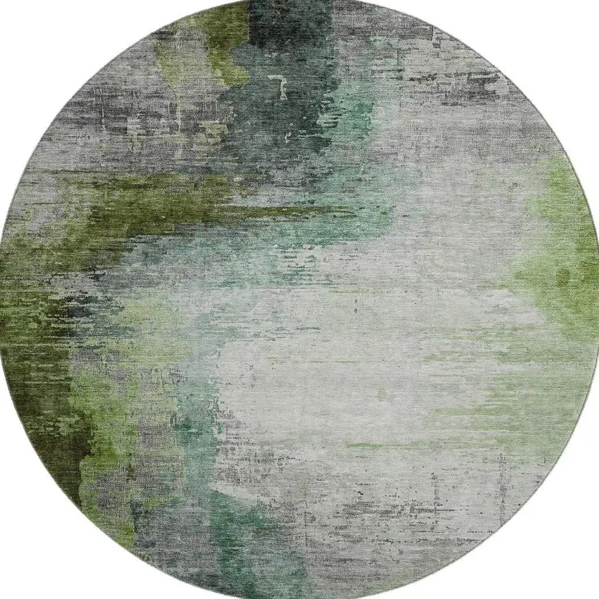 8' Green And Gray Abstract Washable Round Rug With UV Protection Photo 4