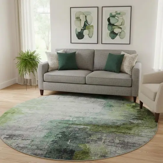 8' Green And Gray Abstract Washable Round Rug With UV Protection Photo 2