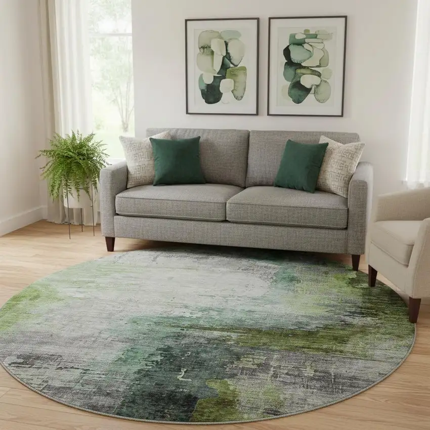 8' Green And Gray Abstract Washable Round Rug With UV Protection Photo 2