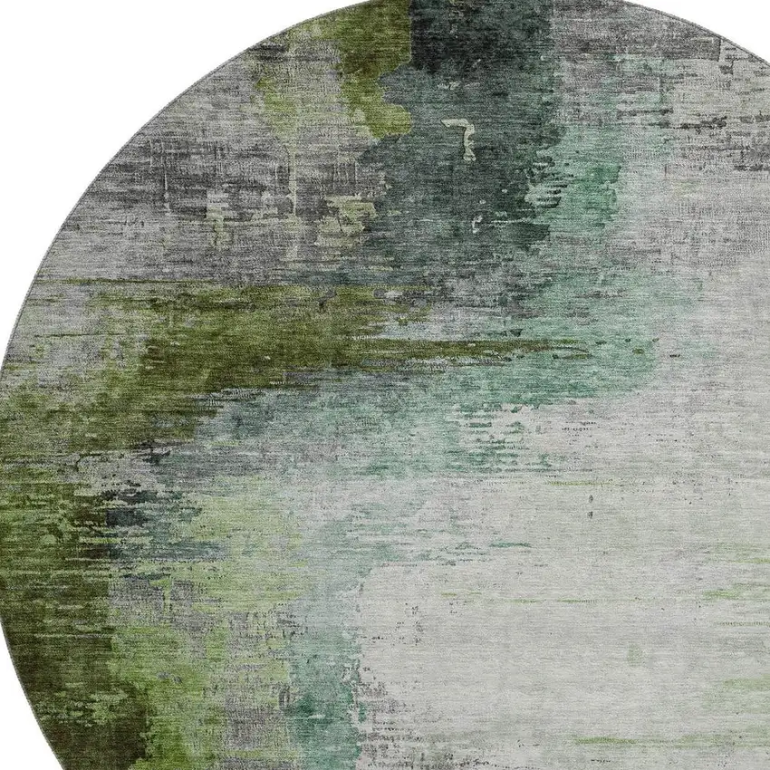 8' Green And Gray Abstract Washable Round Rug With UV Protection Photo 3
