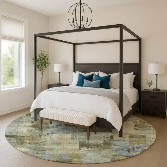 8' Green And Gray Abstract Washable Round Rug With UV Protection Photo 5