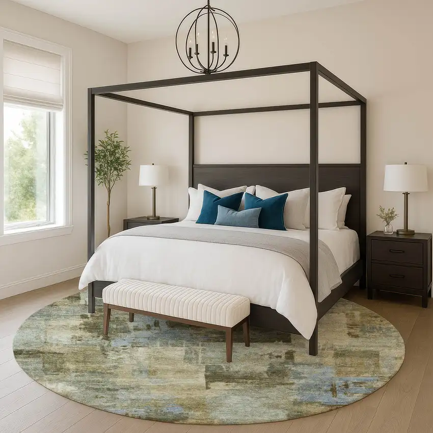 8' Green And Gray Abstract Washable Round Rug With UV Protection Photo 5