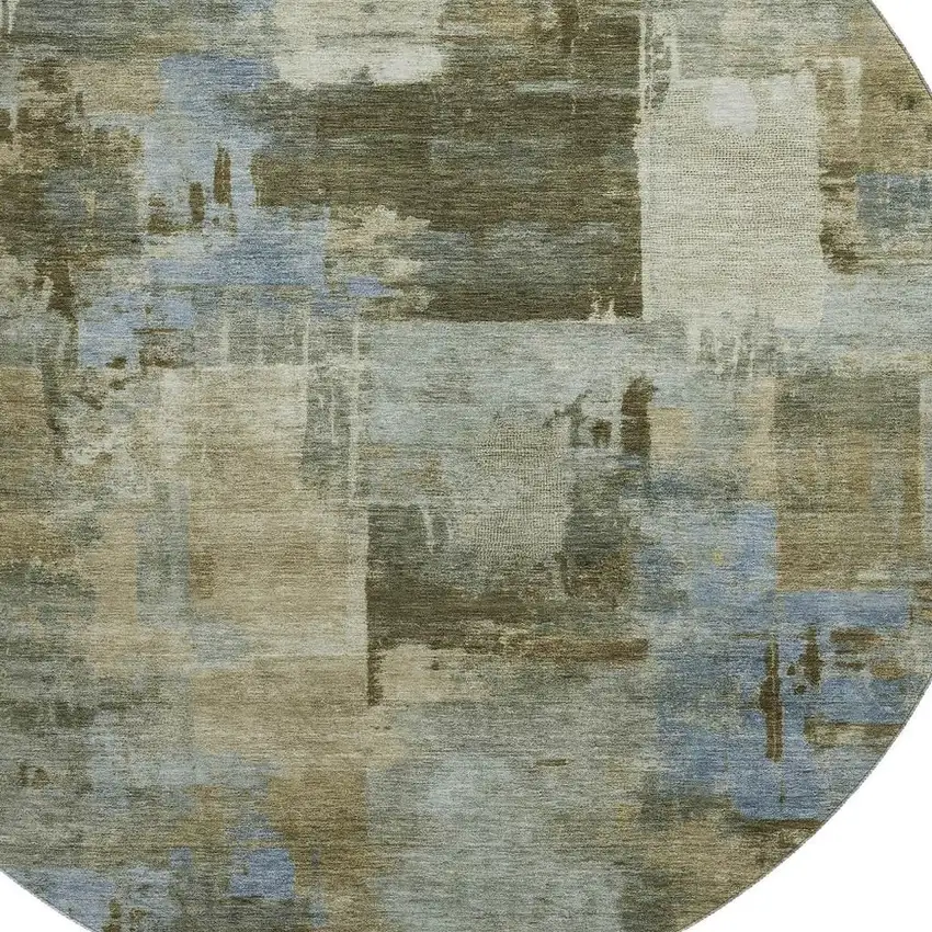 8' Green And Gray Abstract Washable Round Rug With UV Protection Photo 3