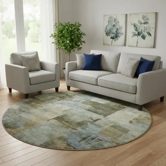 8' Green And Gray Abstract Washable Round Rug With UV Protection Photo 2