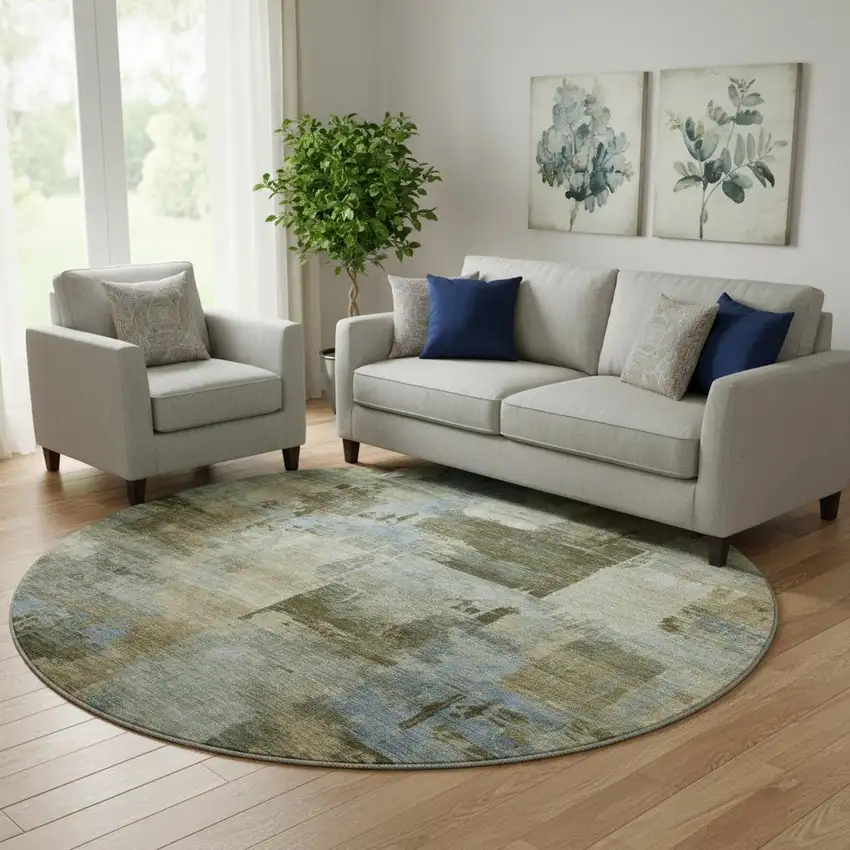 8' Green And Gray Abstract Washable Round Rug With UV Protection Photo 2