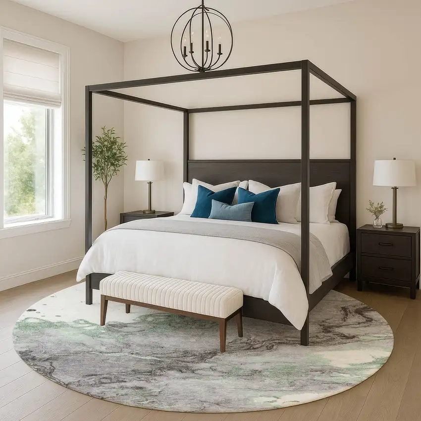 8' Green And Gray Abstract Washable Round Rug With UV Protection Photo 5