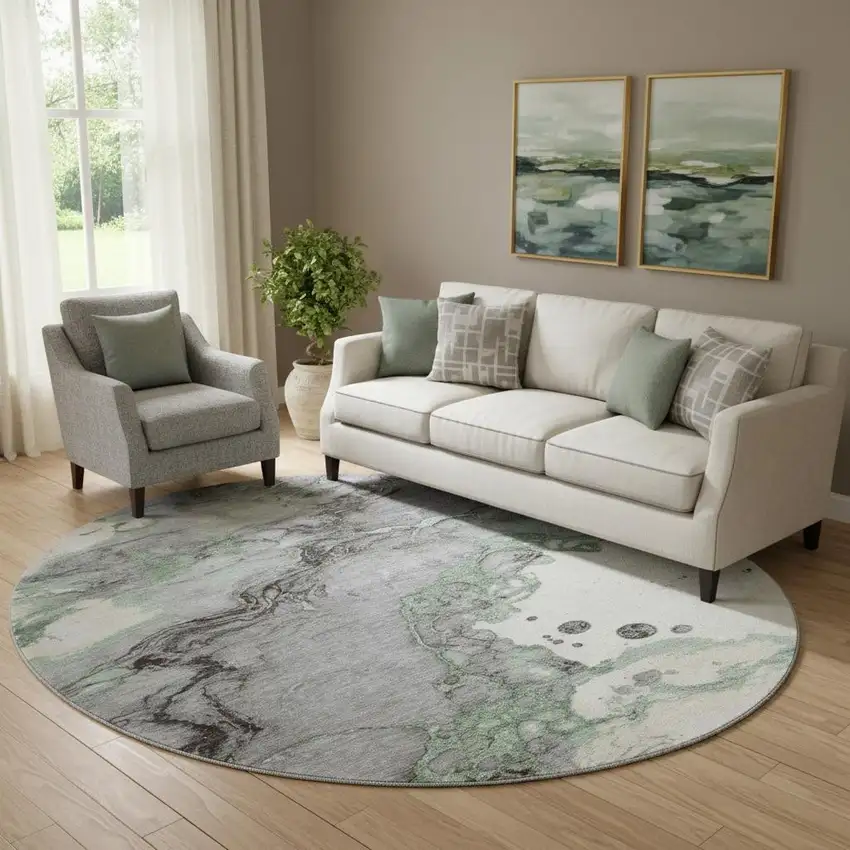 8' Green And Gray Abstract Washable Round Rug With UV Protection Photo 2