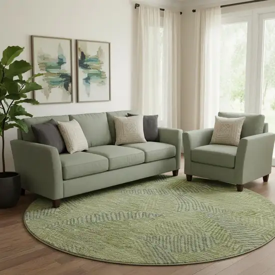 8' Green And Gray Botanical Leaves Washable Round Rug With UV Protection Photo 1