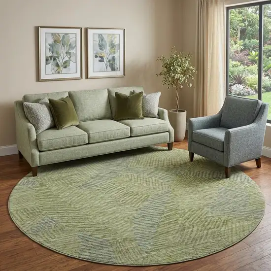 8' Green And Gray Botanical Leaves Washable Round Rug With UV Protection Photo 1