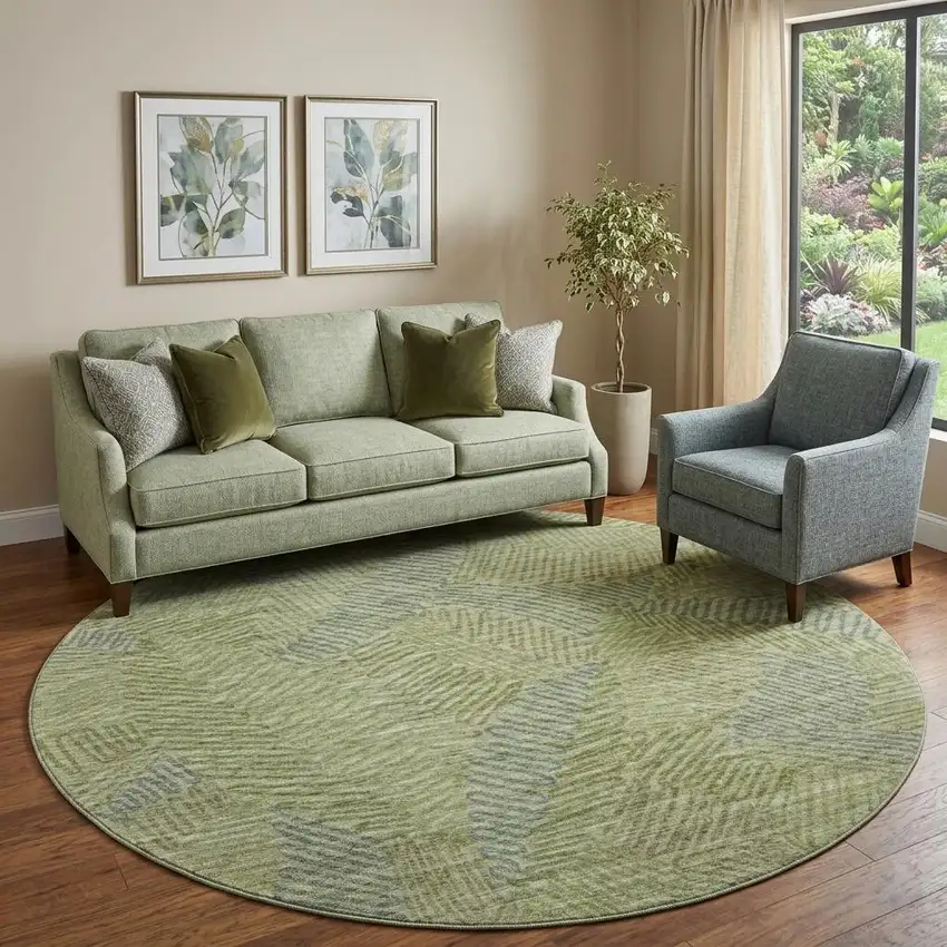 8' Green And Gray Botanical Leaves Washable Round Rug With UV Protection Photo 1