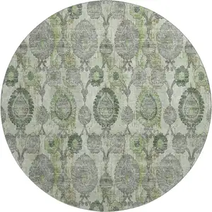 Photo of 8' Green And Gray Damask Washable Round Rug With UV Protection