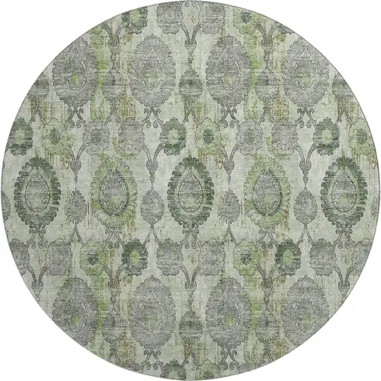 8' Green And Gray Damask Washable Round Rug With UV Protection Photo 1