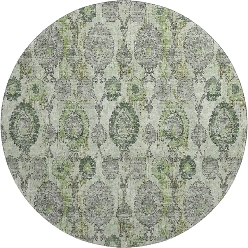 8' Green And Gray Damask Washable Round Rug With UV Protection Photo 1