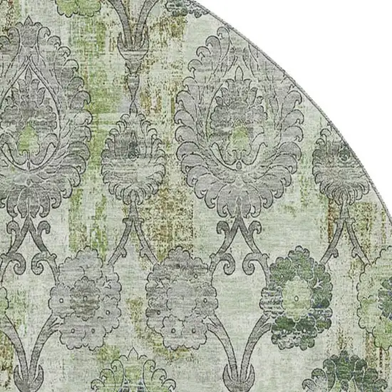 8' Green And Gray Damask Washable Round Rug With UV Protection Photo 3