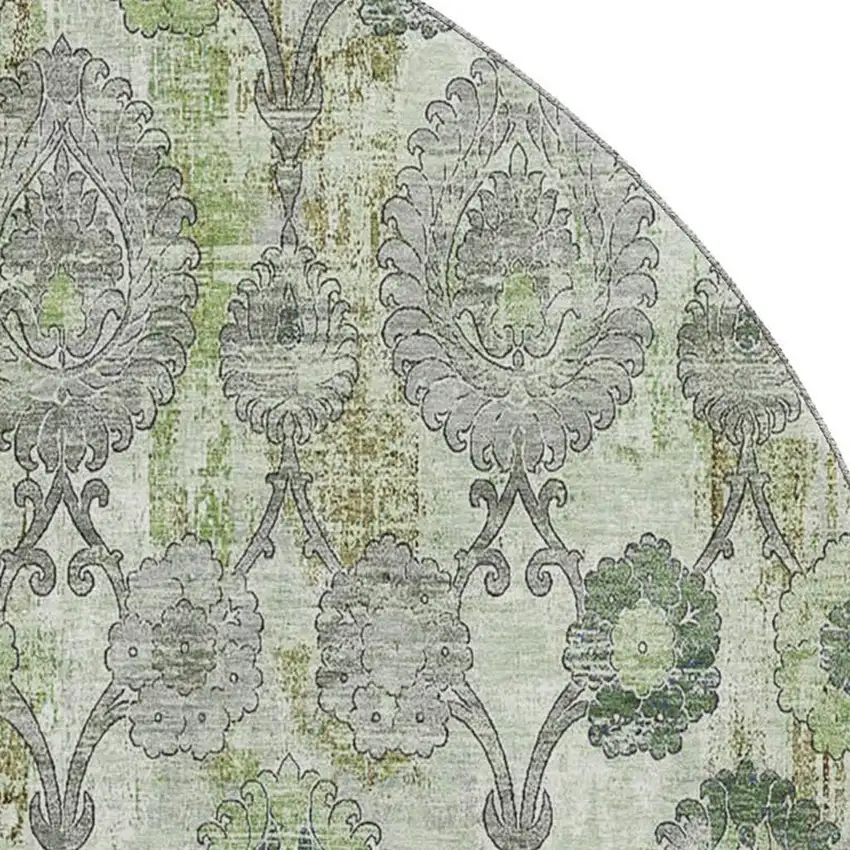 8' Green And Gray Damask Washable Round Rug With UV Protection Photo 3
