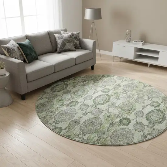 8' Green And Gray Damask Washable Round Rug With UV Protection Photo 2