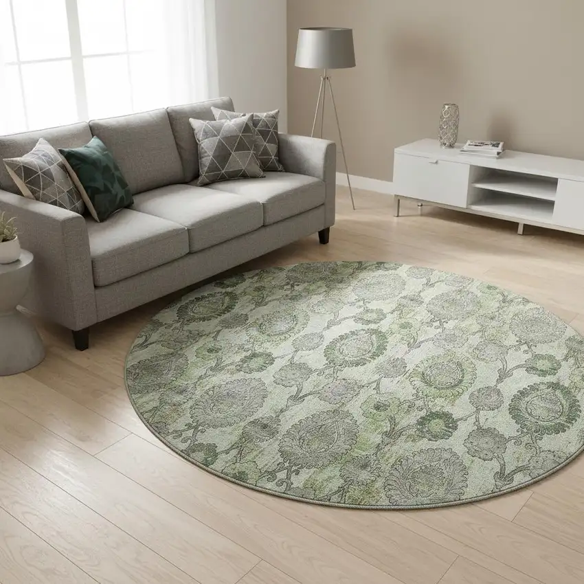 8' Green And Gray Damask Washable Round Rug With UV Protection Photo 2