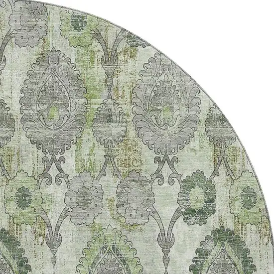 8' Green And Gray Damask Washable Round Rug With UV Protection Photo 4