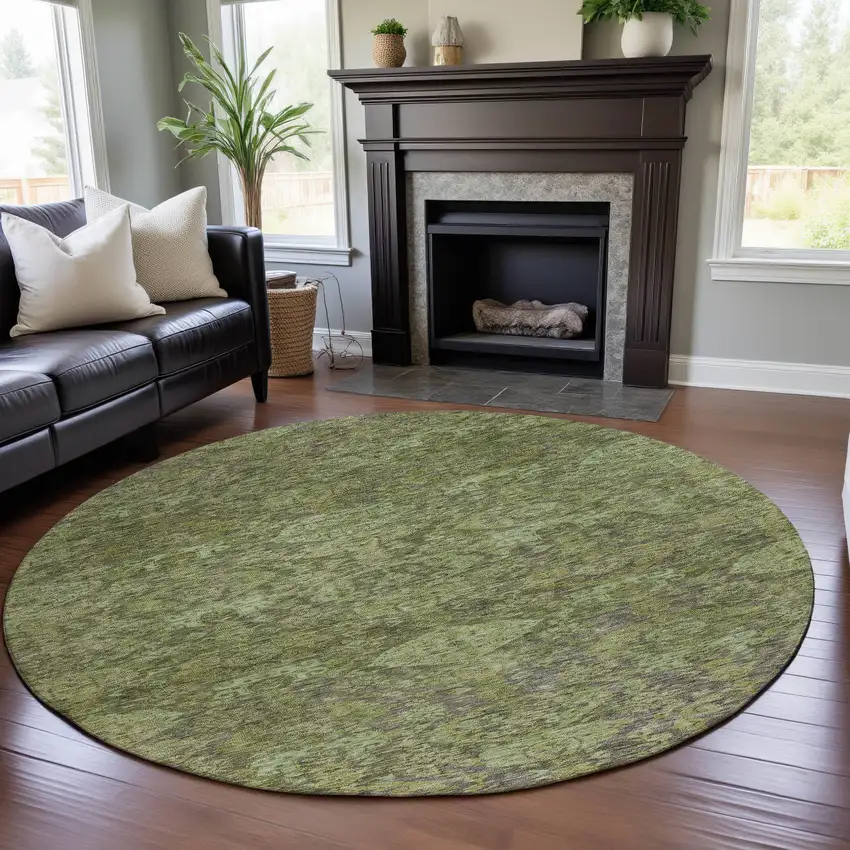 8' Green And Gray Damask Washable Round Rug With UV Protection Photo 4