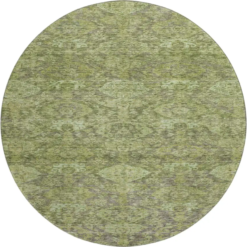 8' Green And Gray Damask Washable Round Rug With UV Protection Photo 1