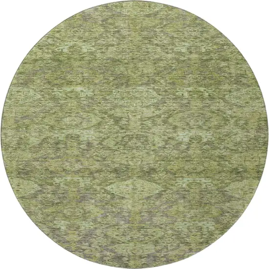 8' Green And Gray Damask Washable Round Rug With UV Protection Photo 3