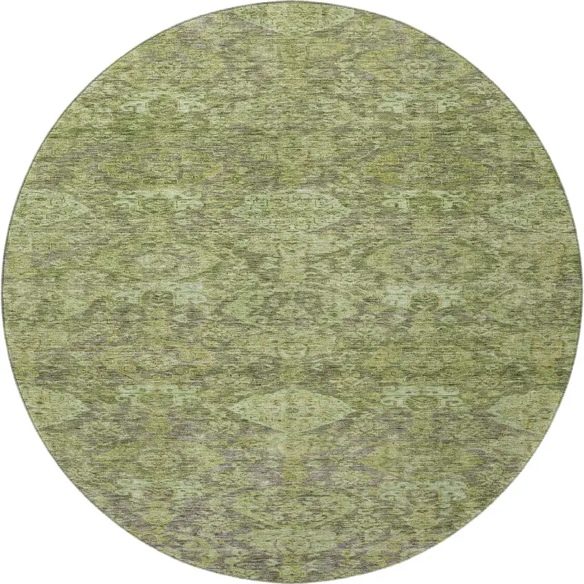 8' Green And Gray Damask Washable Round Rug With UV Protection Photo 3