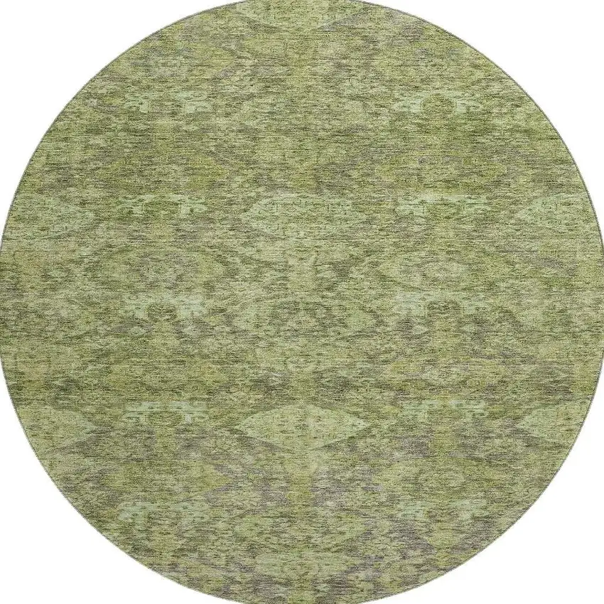 8' Green And Gray Damask Washable Round Rug With UV Protection Photo 2