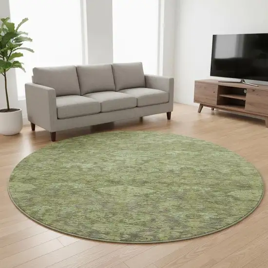 8' Green And Gray Damask Washable Round Rug With UV Protection Photo 2