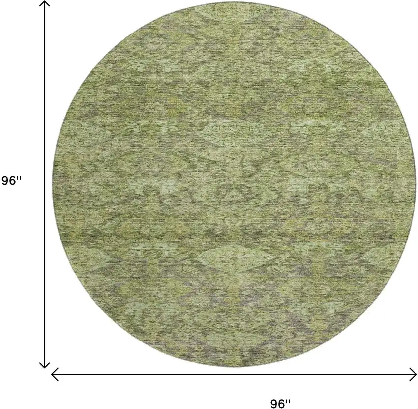 8' Green And Gray Damask Washable Round Rug With UV Protection Photo 9