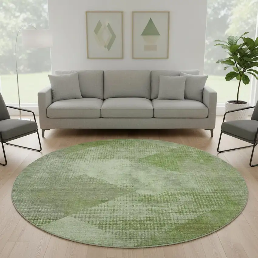 8' Green And Gray Diamond Washable Round Rug With UV Protection Photo 2