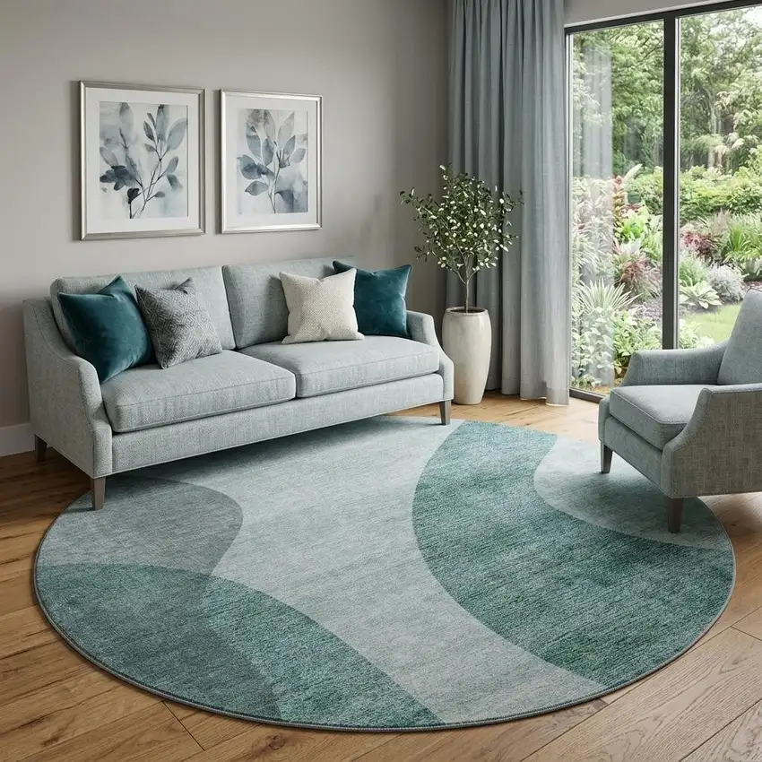 8' Green And Gray Geometric Washable Round Rug With UV Protection Photo 1