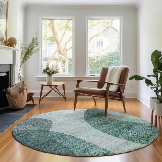 8' Green And Gray Geometric Washable Round Rug With UV Protection Photo 5