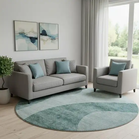 8' Green And Gray Geometric Washable Round Rug With UV Protection Photo 1