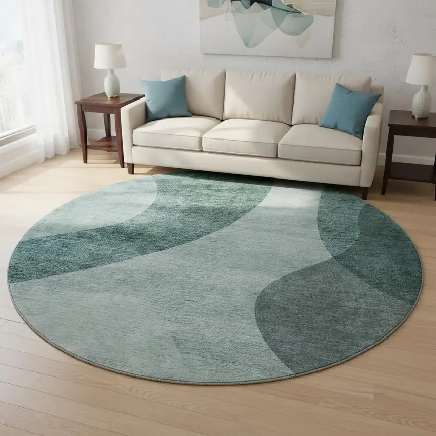 8' Green And Gray Geometric Washable Round Rug With UV Protection Photo 2