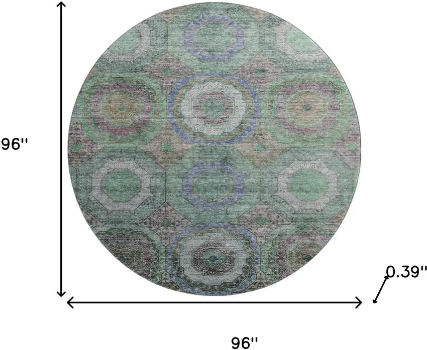 8' Green And Gray Geometric Washable Round Rug With UV Protection Photo 8