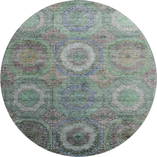 8' Green And Gray Geometric Washable Round Rug With UV Protection Photo 1