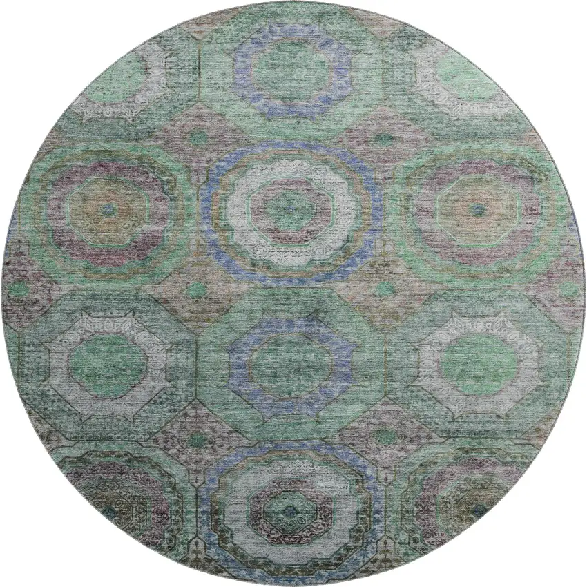 8' Green And Gray Geometric Washable Round Rug With UV Protection Photo 1